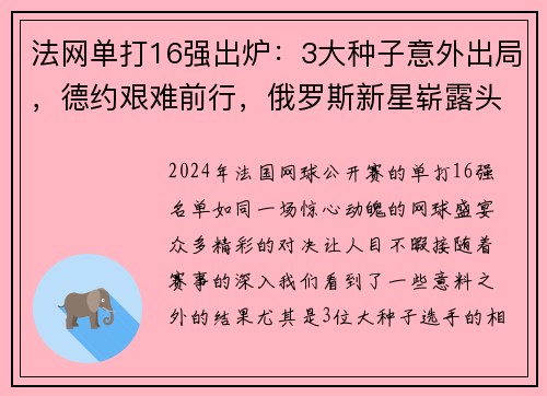 法网单打16强出炉：3大种子意外出局，德约艰难前行，俄罗斯新星崭露头角