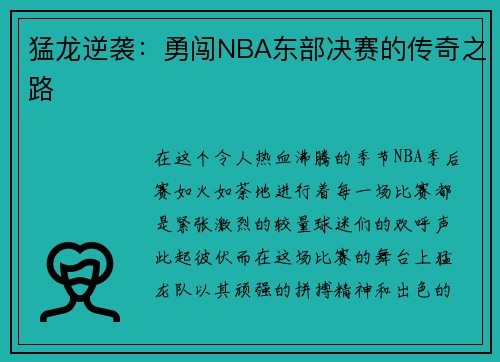 猛龙逆袭：勇闯NBA东部决赛的传奇之路